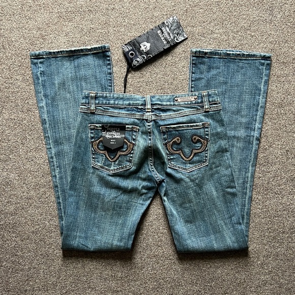NWT Y2K ReRock for EXPRESS Boot Cut Low Rise Jeans Embroidered Size 4 (31x32.5) - Picture 1 of 16
